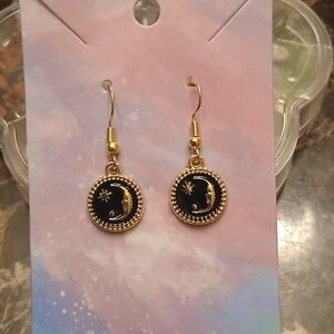 Gold Moon & Star Dangle Earrings - Black Accent